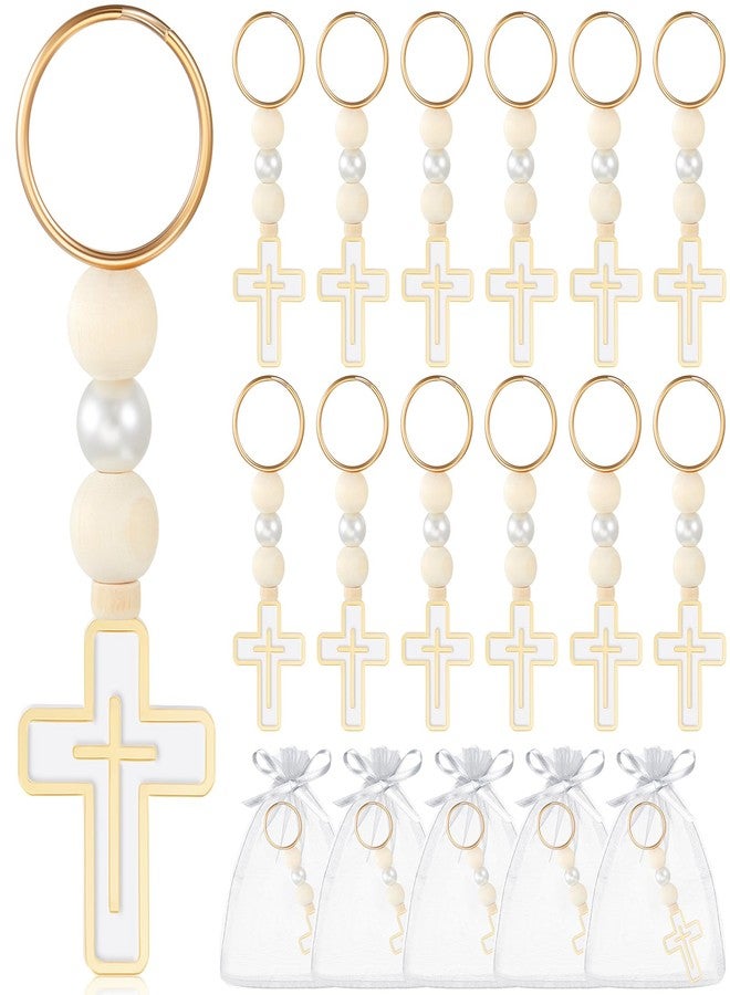Quelay 50 Sets First Holy Communion Favors Rosary Beads with Cross Crucifix Keychain White Organza Bag Christening Baptism Gifts (White) - Image 1